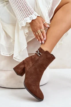 Ocieplane Botki Damskie Na Słupku Eko Zamszowe Brązowe Saivia