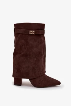 Ocieplane Botki Damskie Na Słupku Z Ozdobnym Paskiem Czekoladowe Luvielle