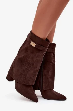 Ocieplane Botki Damskie Na Słupku Z Ozdobnym Paskiem Czekoladowe Luvielle