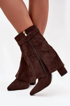 Ocieplane Botki Damskie Na Słupku Z Ozdobnym Paskiem Czekoladowe Luvielle