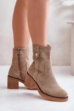 Ocieplane Botki Damskie Na Obcasie Słupku Beżowe Vailia