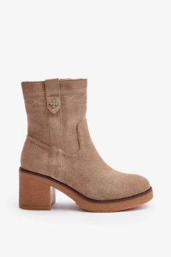 Ocieplane Botki Damskie Na Obcasie Słupku Beżowe Vailia