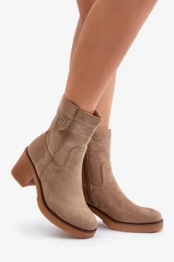 Ocieplane Botki Damskie Na Obcasie Słupku Beżowe Vailia