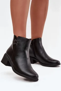 Ocieplane Botki Damskie Na Klocku Czarne Delmira