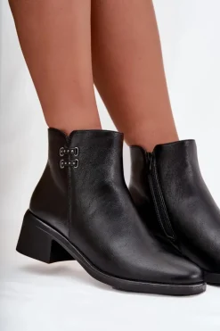 Ocieplane Botki Damskie Na Klocku Czarne Delmira