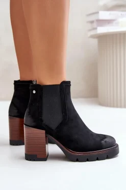 Ocieplane Botki Damskie Na Słupku Z Eko Zamszu Vinceza 58356 Czarne