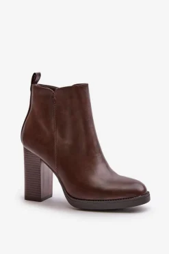 Ocieplane Botki Damskie Na Słupku Eko Skórzane Ciemnobrązowe Teresine