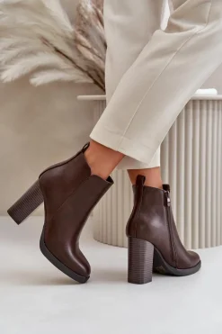 Ocieplane Botki Damskie Na Słupku Eko Skórzane Ciemnobrązowe Teresine