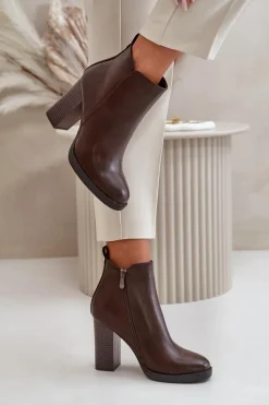 Ocieplane Botki Damskie Na Słupku Eko Skórzane Ciemnobrązowe Teresine