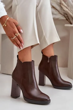 Ocieplane Botki Damskie Na Słupku Eko Skórzane Ciemnobrązowe Teresine