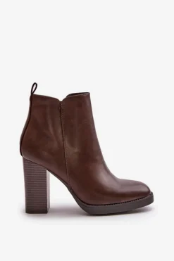 Ocieplane Botki Damskie Na Słupku Eko Skórzane Ciemnobrązowe Teresine