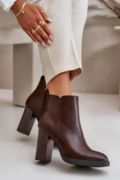Ocieplane Botki Damskie Na Słupku Eko Skórzane Ciemnobrązowe Teresine