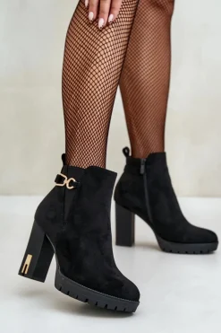 Ocieplane Botki Damskie Na Wysokim Obcasie Słupku Czarne Terisanna