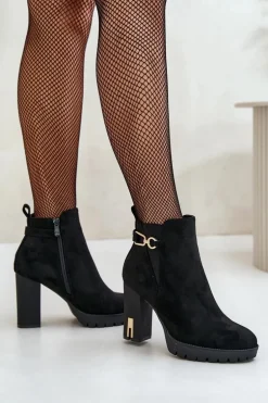 Ocieplane Botki Damskie Na Wysokim Obcasie Słupku Czarne Terisanna