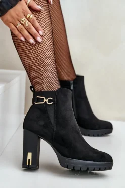 Ocieplane Botki Damskie Na Wysokim Obcasie Słupku Czarne Terisanna