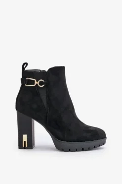 Ocieplane Botki Damskie Na Wysokim Obcasie Słupku Czarne Terisanna