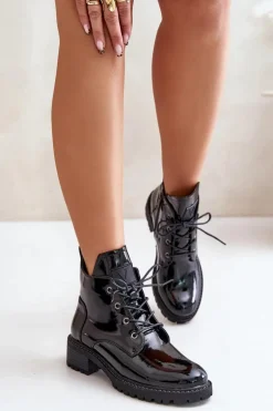 Ocieplane Botki Damskie Na Niskim Obcasie Lakierowane Vinceza 58136 Czarne