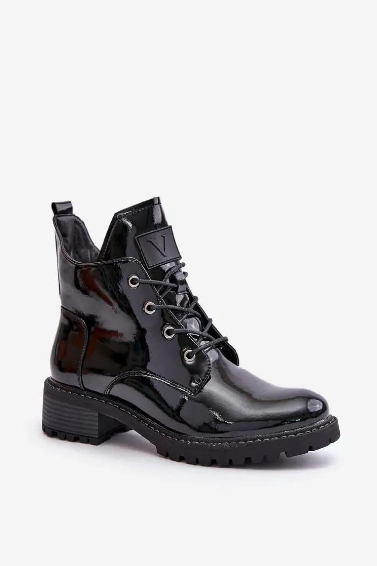 Ocieplane Botki Damskie Na Niskim Obcasie Lakierowane Vinceza 58136 Czarne