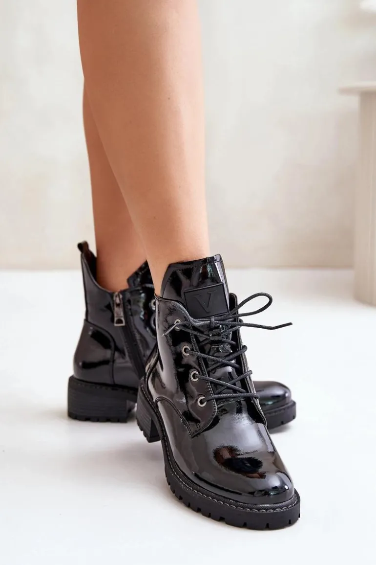 Ocieplane Botki Damskie Na Niskim Obcasie Lakierowane Vinceza 58136 Czarne