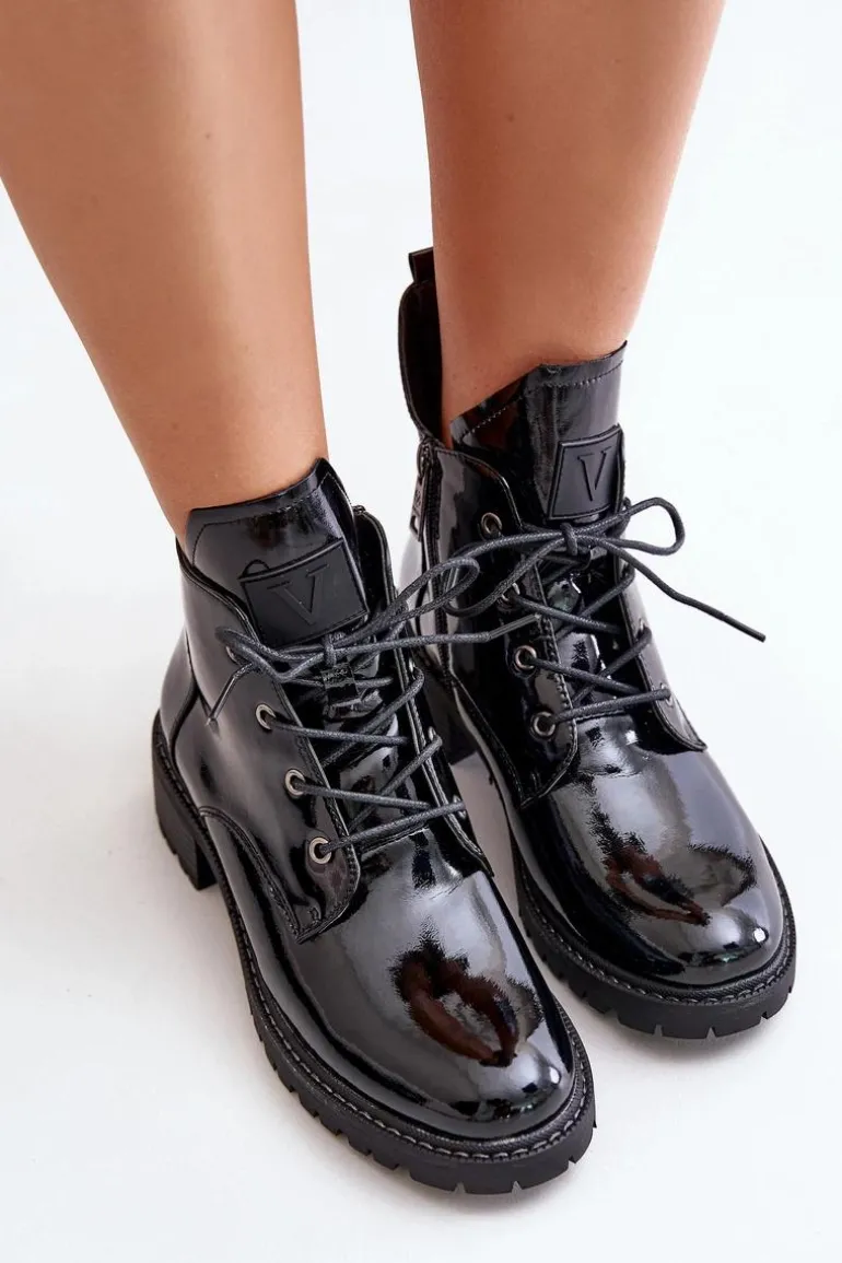 Ocieplane Botki Damskie Na Niskim Obcasie Lakierowane Vinceza 58136 Czarne