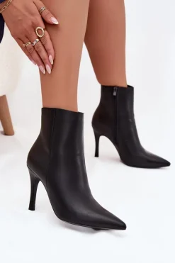 Ocieplane Botki Damskie Na Szpilce Eko Skórzane Czarne Nolisse