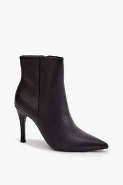 Ocieplane Botki Damskie Na Szpilce Eko Skórzane Czarne Nolisse