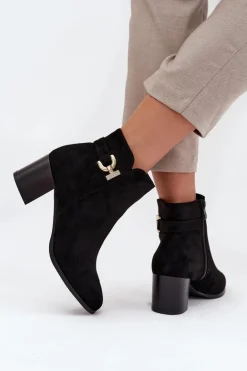 Ocieplane Botki Damskie Na Słupku Ze Złotym Detalem Czarne Renora