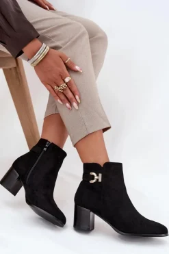 Ocieplane Botki Damskie Na Słupku Ze Złotym Detalem Czarne Renora