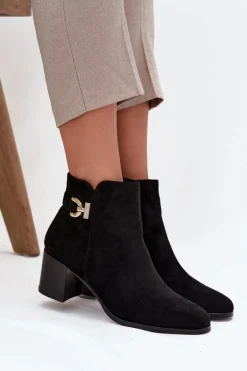 Ocieplane Botki Damskie Na Słupku Ze Złotym Detalem Czarne Renora