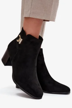 Ocieplane Botki Damskie Na Słupku Ze Złotym Detalem Czarne Renora