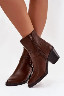 Ocieplane Botki Damskie Na Słupku Z Ozdobnym Elementem Brązowe Jurelle