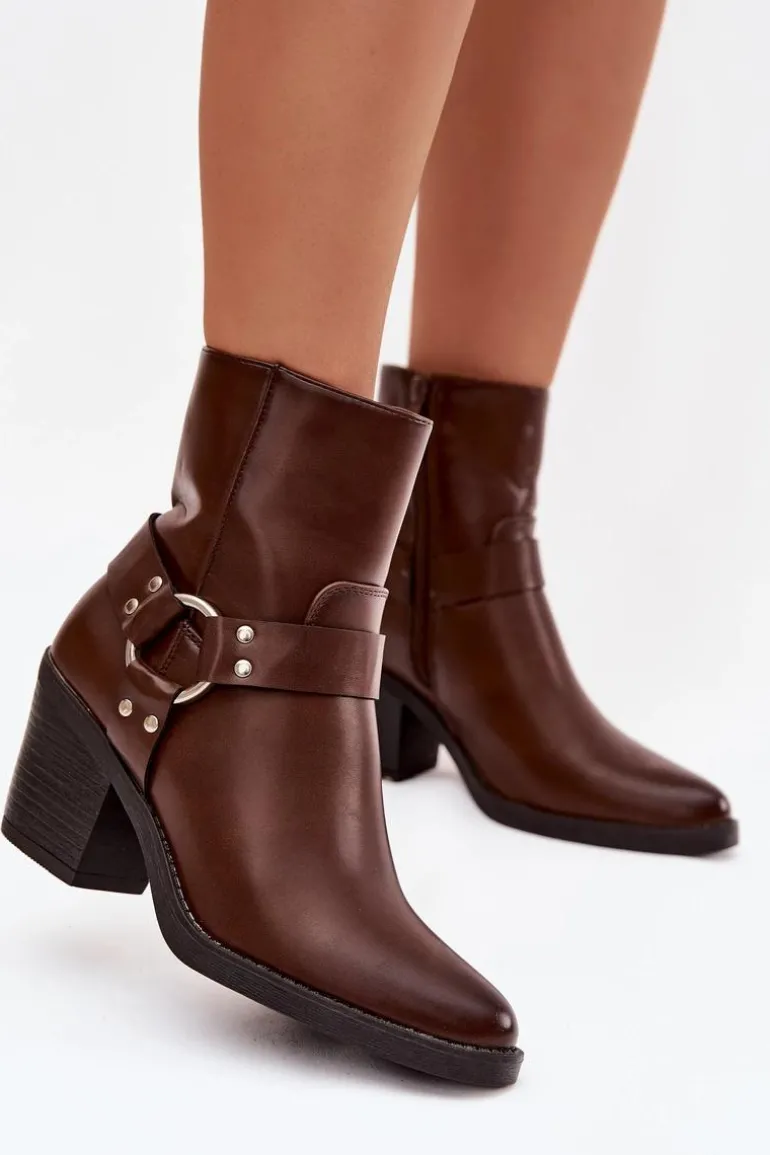Ocieplane Botki Damskie Na Słupku Z Ozdobnym Elementem Brązowe Jurelle