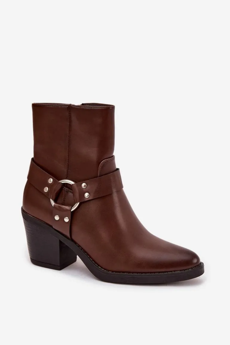 Ocieplane Botki Damskie Na Słupku Z Ozdobnym Elementem Brązowe Jurelle