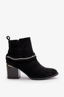 Ocieplane Botki Damskie Na Słupku Z Łańcuszkiem Eko Zamszowe Czarne Hanalen