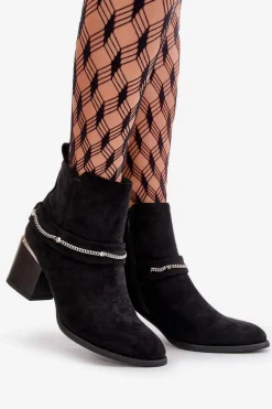 Ocieplane Botki Damskie Na Słupku Z Łańcuszkiem Eko Zamszowe Czarne Hanalen