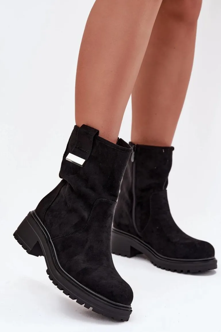 Ocieplane Botki Damskie Na Niskim Obcasie Czarne Mirellea