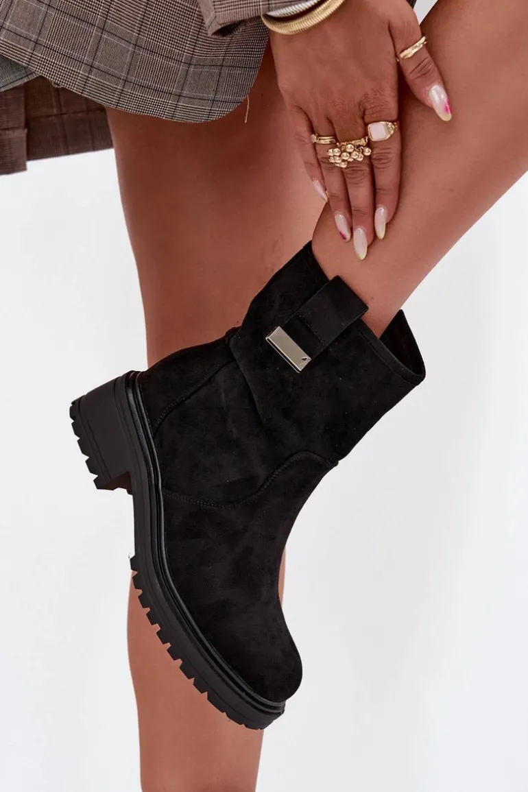 Ocieplane Botki Damskie Na Niskim Obcasie Czarne Mirellea