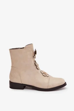 Ocieplane Botki Damskie Na Płaskim Obcasie Z Ozdobnymi Kwiatkami Złote Pravienne