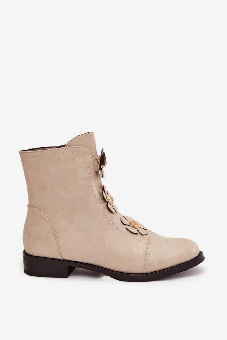 Ocieplane Botki Damskie Na Płaskim Obcasie Z Ozdobnymi Kwiatkami Złote Pravienne