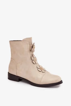 Ocieplane Botki Damskie Na Płaskim Obcasie Z Ozdobnymi Kwiatkami Złote Pravienne