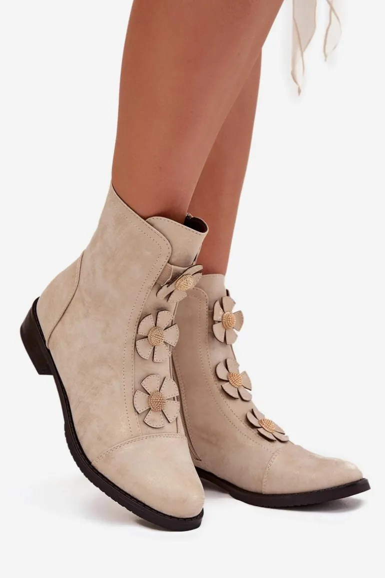 Ocieplane Botki Damskie Na Płaskim Obcasie Z Ozdobnymi Kwiatkami Złote Pravienne