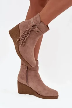 Ocieplane Botki Damskie Na Koturnie Z Frędzlami Beżowe Olivarae