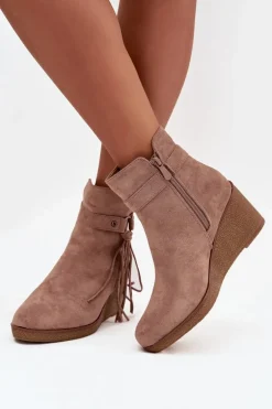 Ocieplane Botki Damskie Na Koturnie Z Frędzlami Beżowe Olivarae