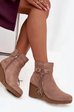 Ocieplane Botki Damskie Na Koturnie Z Frędzlami Beżowe Olivarae