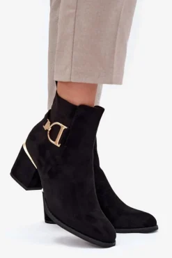 Ocieplane Botki Damskie Na Słupku Ze Złotymi Elementami Czarne Ambrine