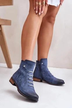 Ocieplane Botki Damskie Na Płaskim Obcasie Niebieskie Labise