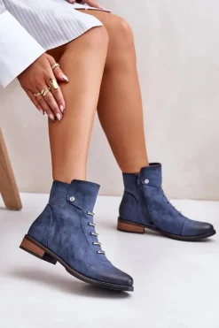 Ocieplane Botki Damskie Na Płaskim Obcasie Niebieskie Labise
