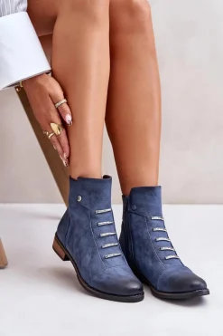 Ocieplane Botki Damskie Na Płaskim Obcasie Niebieskie Labise