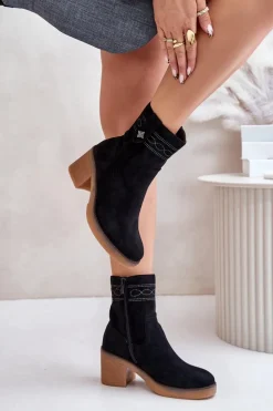 Ocieplane Botki Damskie Na Obcasie Słupku Czarne Vailia