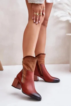 Ocieplane Botki Damskie Na Obcasie Słupku Brązowe Relabina